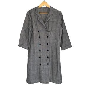 Vintage 80s Houndstooth Black White Button Down Shirt Dress Women XL Tweed Retro